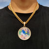 A gold chain necklace features a circular pendant depicting a child and a dog.