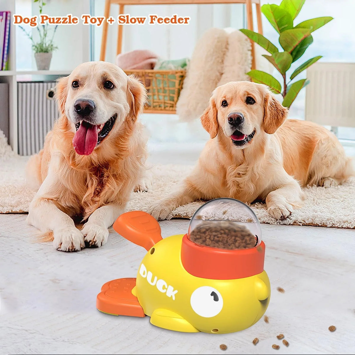 A yellow duck-shaped slow feeder toy for dogs is placed on a white surface next to two golden retriever puppies.