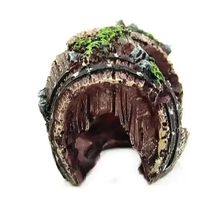 Resin broken barrel fish tank decoration covered in moss and natural wood texture