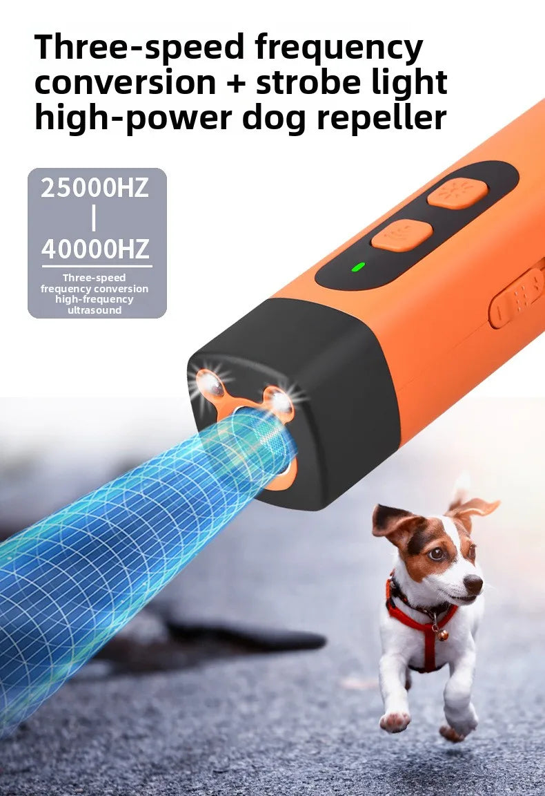Un répulsif ultrasonique pour chiens orange émet une onde sonore bleue vers un chien.