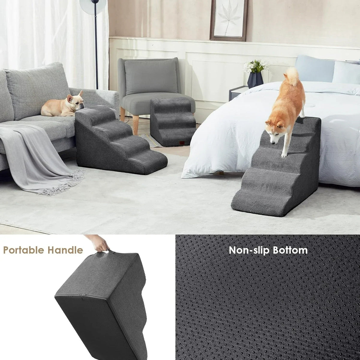Gray non-slip curved pet stairs ramp used for climbing into a cat or dog bed