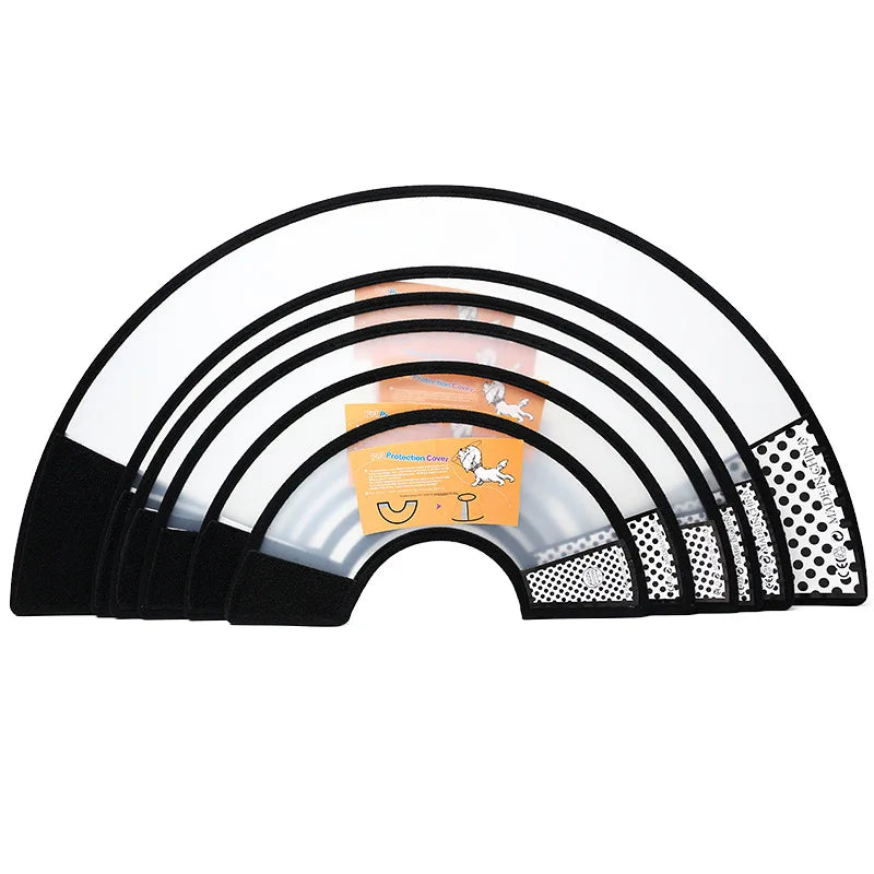 Clear PVC pet recovery collar for dogs and cats shown in a rainbow arc display