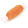 An orange plush squeaky donkey dog toy with white ends.