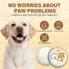 A golden retriever dog smiling next to a jar of Paw & Nose Balm for pets.