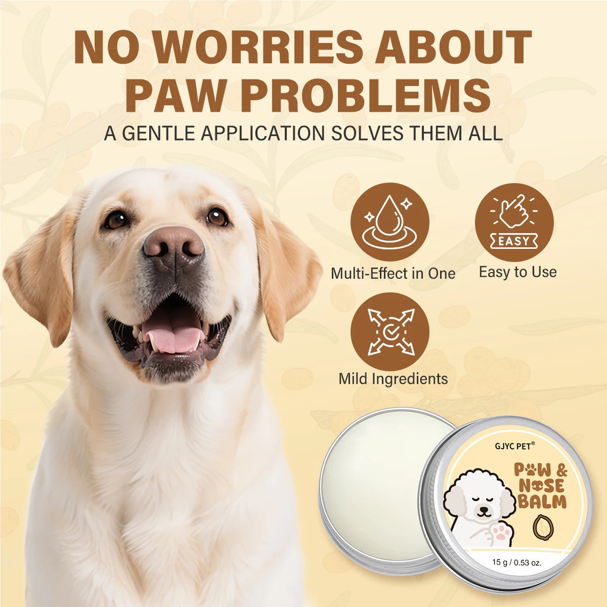 A golden retriever dog smiling next to a jar of Paw & Nose Balm for pets.