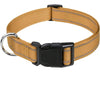 A tan nylon dog collar with a black buckle and silver ring.