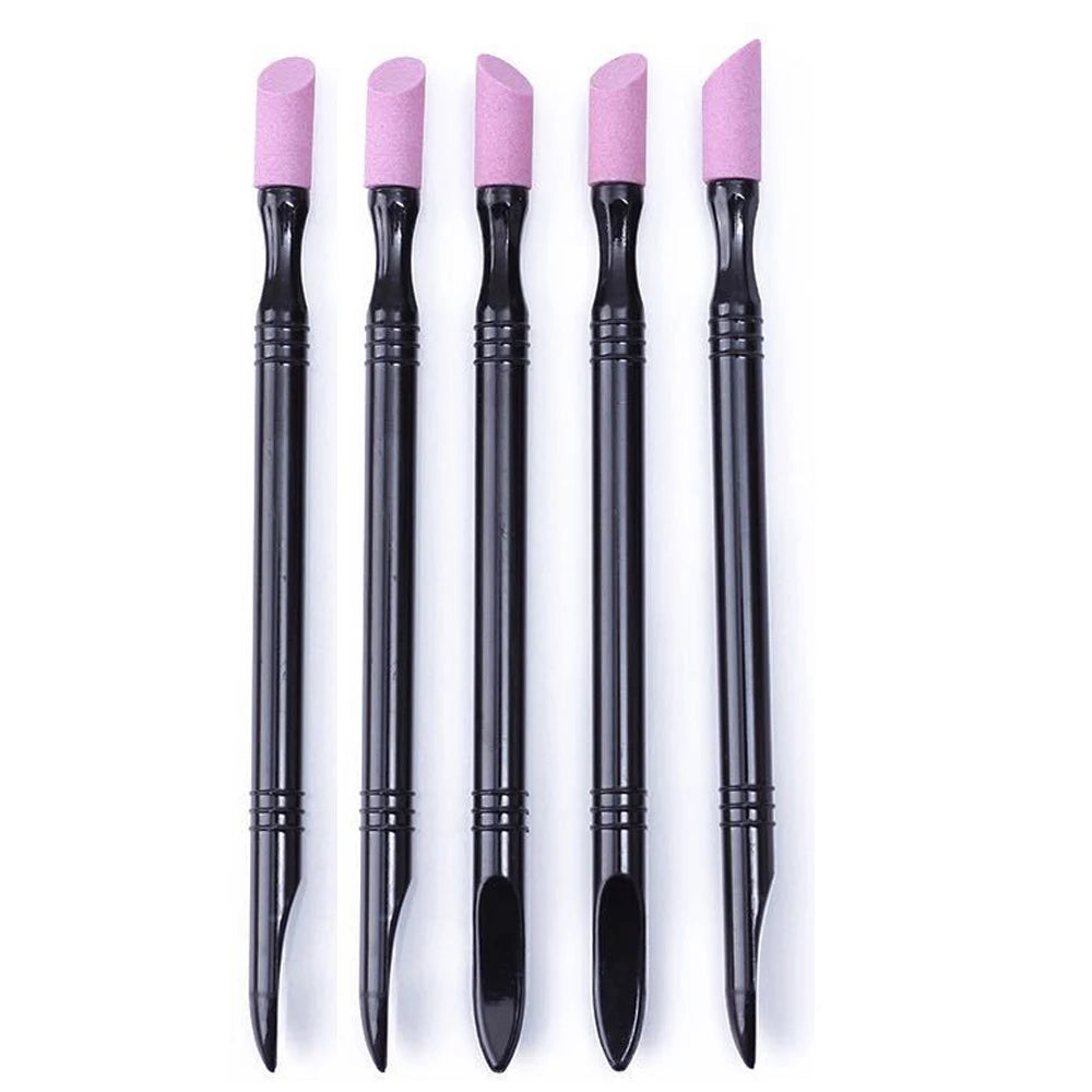 A set of professional nail files and cuticle remover tools in pink and black.
