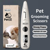 A white pet grooming scissor with a black handle and digital display is shown next to its packaging.