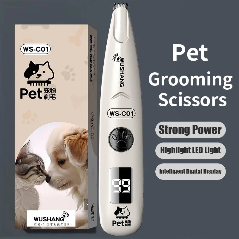 A white pet grooming scissor with a black handle and digital display is shown next to its packaging.