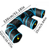 Black and blue foldable cat play tunnel for indoor exercise with various sized openings.