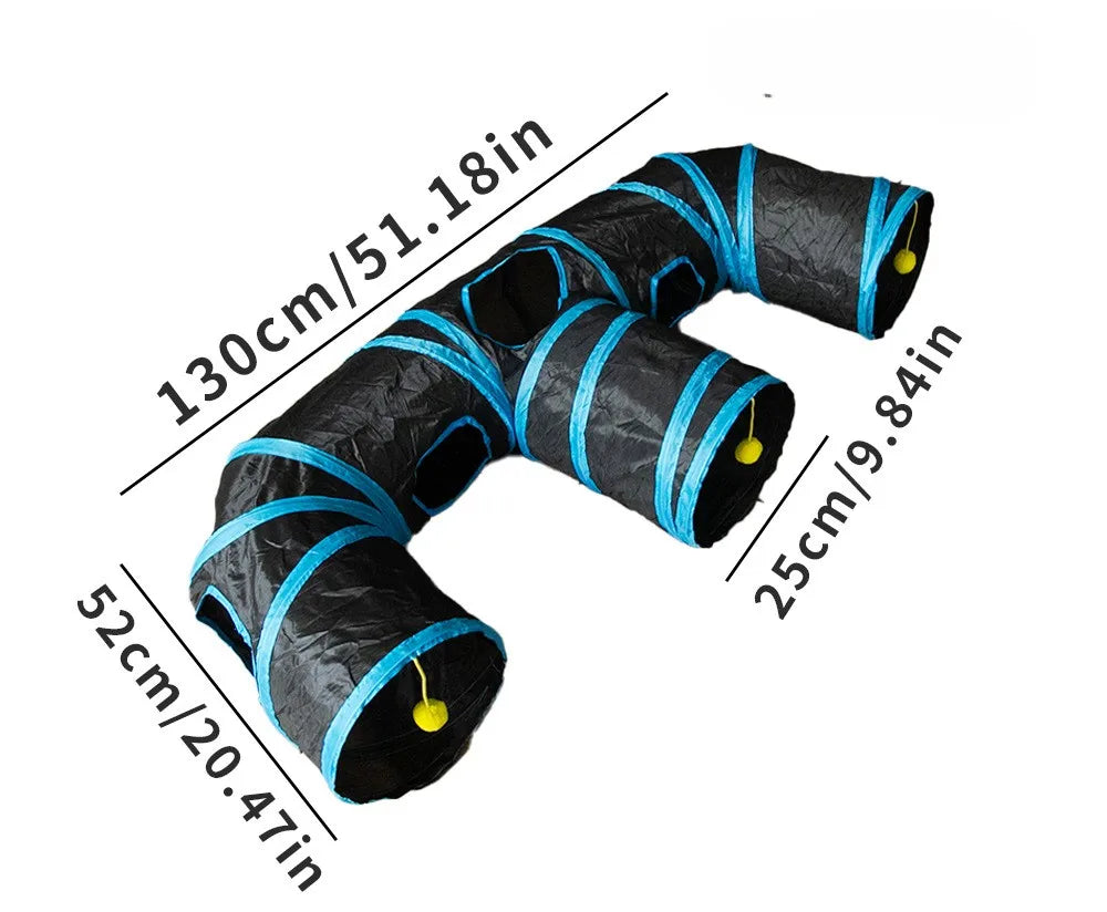 Black and blue foldable cat play tunnel for indoor exercise with various sized openings.