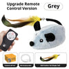 Grey upgrade remote control version of an interactive motion-activated cat toy with a bell feather tail