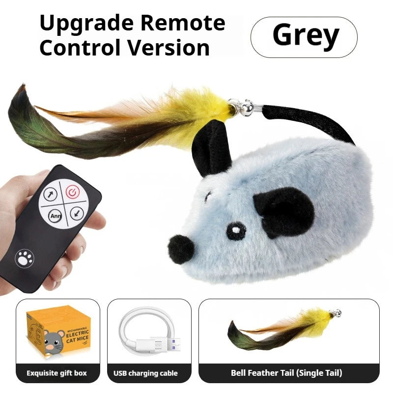 Grey upgrade remote control version of an interactive motion-activated cat toy with a bell feather tail