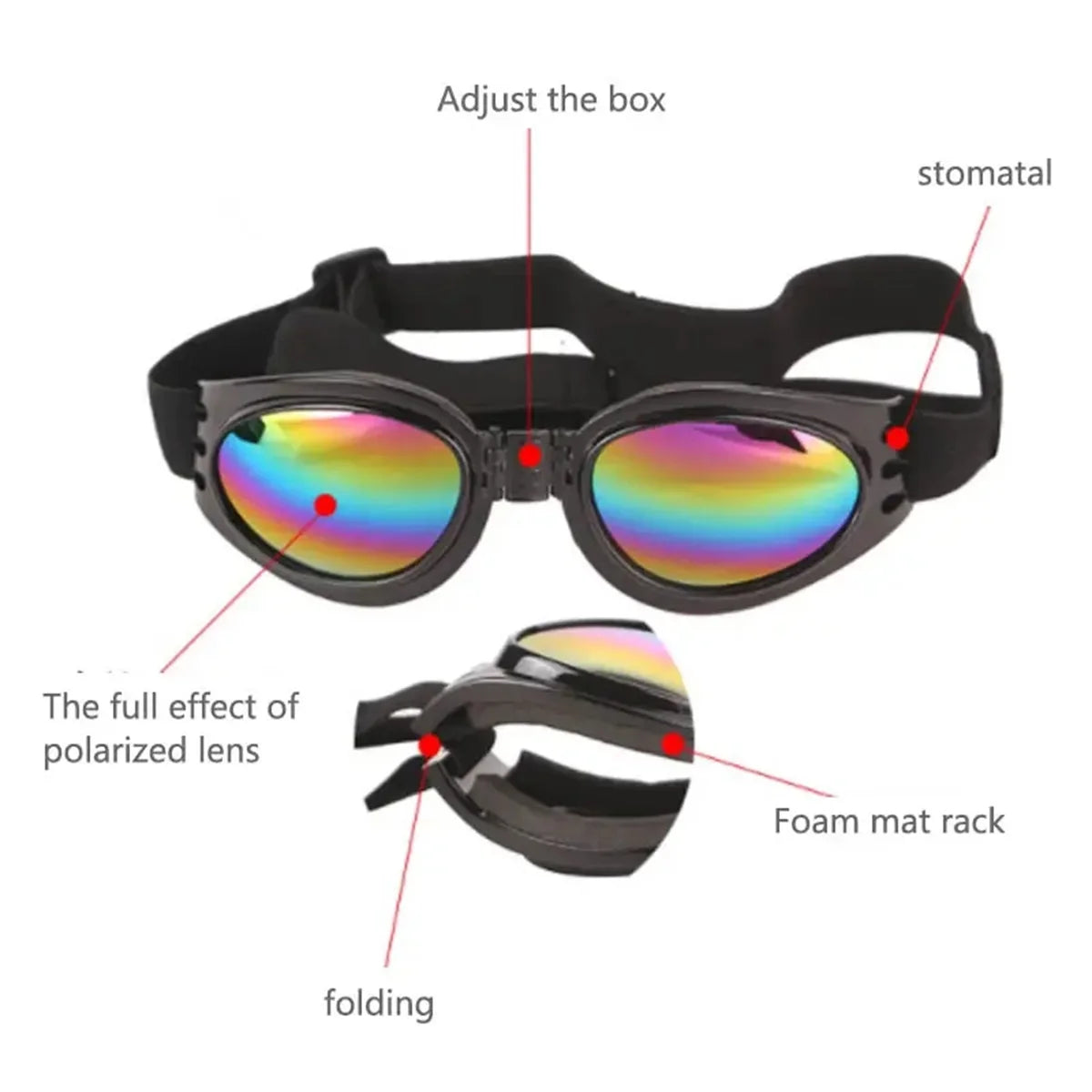 Black foldable pet sunglasses with polarized lenses shown in various adjustment and usage contexts.
