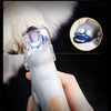 A hand holds a professional LED pet nail clipper, showing the device and an inset of its working mechanism.