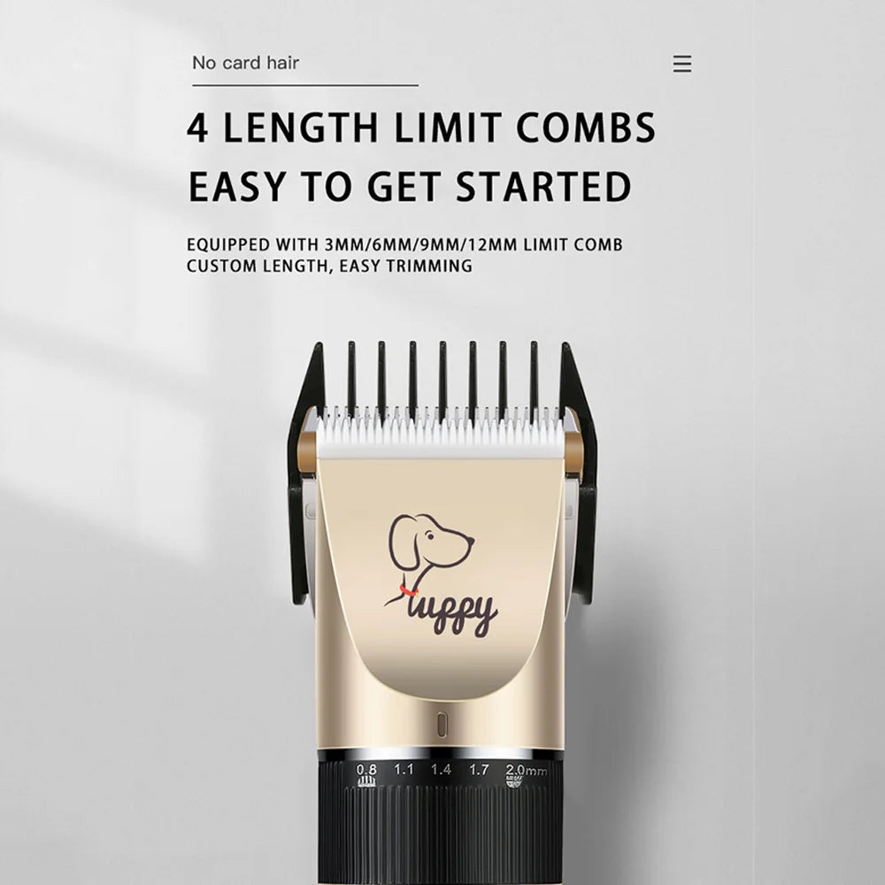 A close-up view of a professional pet hair clipper with a gold and black body, showing various blade lengths.