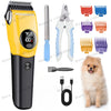 A yellow pet hair clipper with various attachments including scissors and combs, next to a small dog.