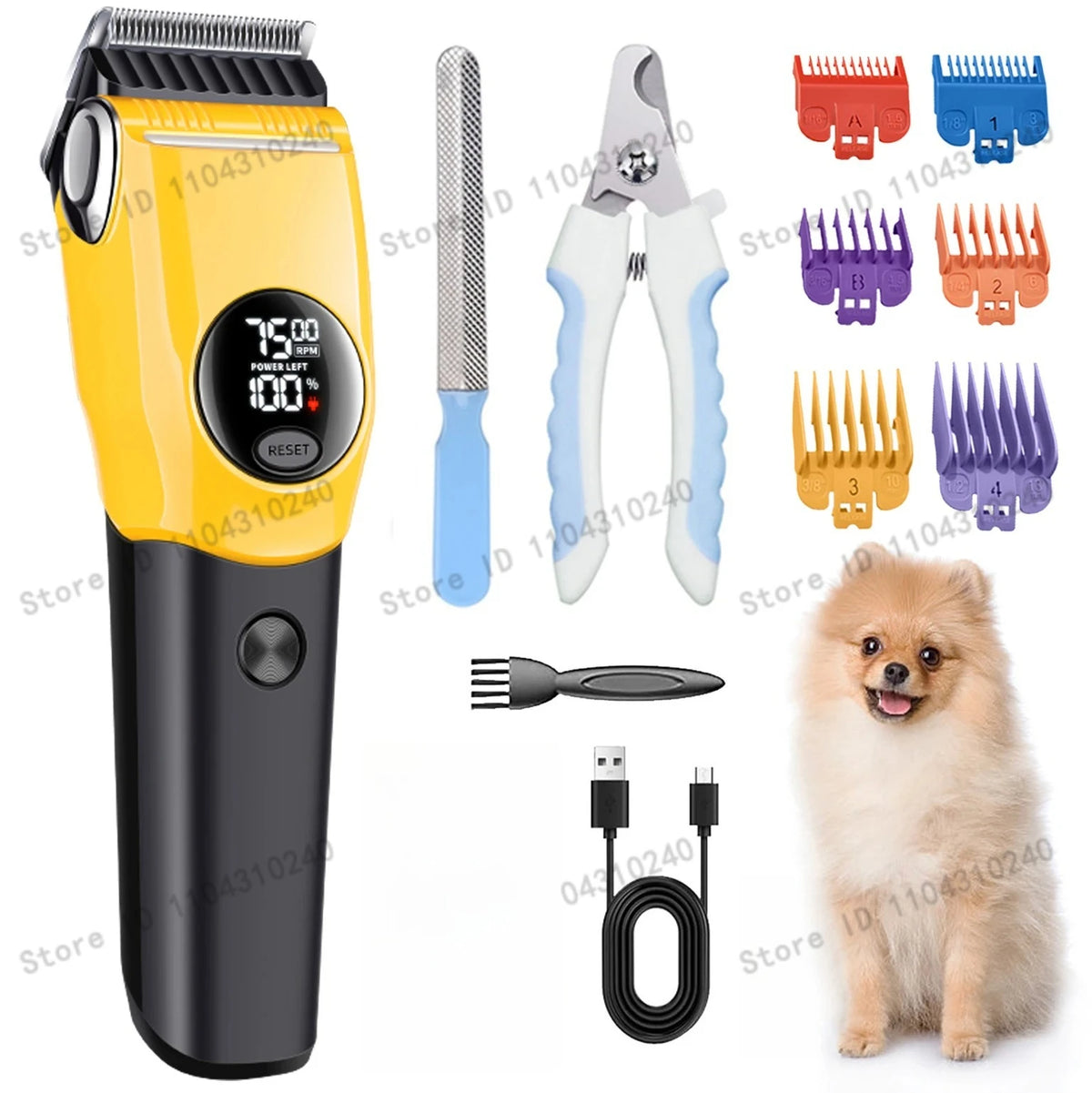 A yellow pet hair clipper with various attachments including scissors and combs, next to a small dog.