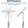 A silver shower squeegee with a silicone holder demonstrating 360 degree rotation for efficient cleaning.