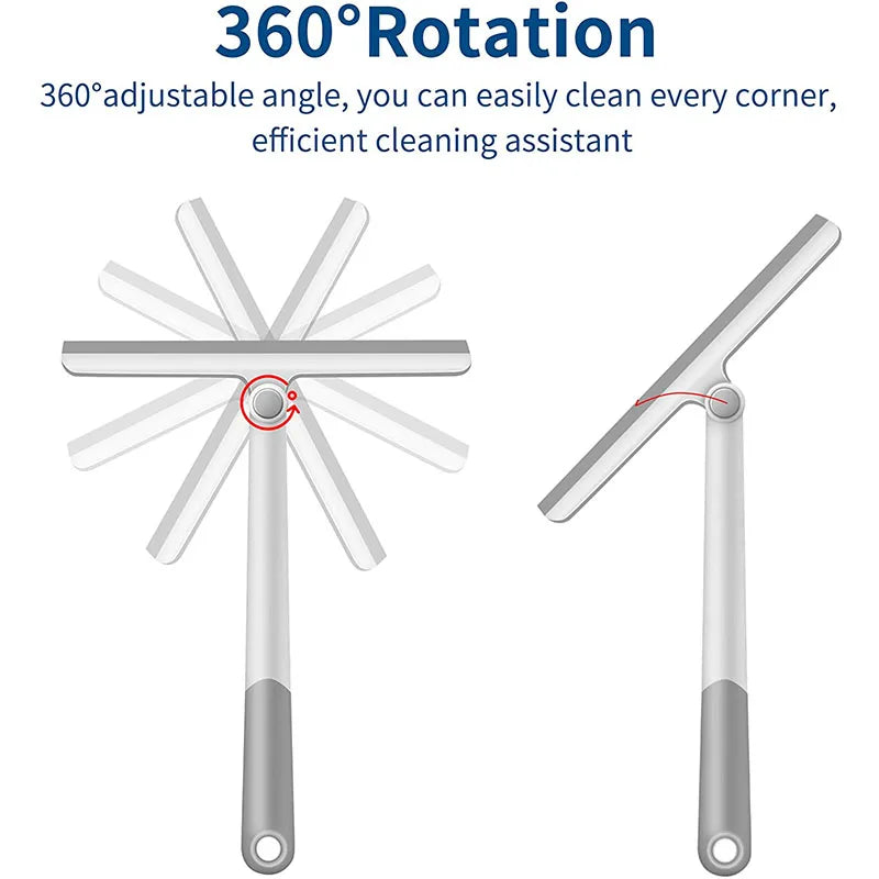 A silver shower squeegee with a silicone holder demonstrating 360 degree rotation for efficient cleaning.