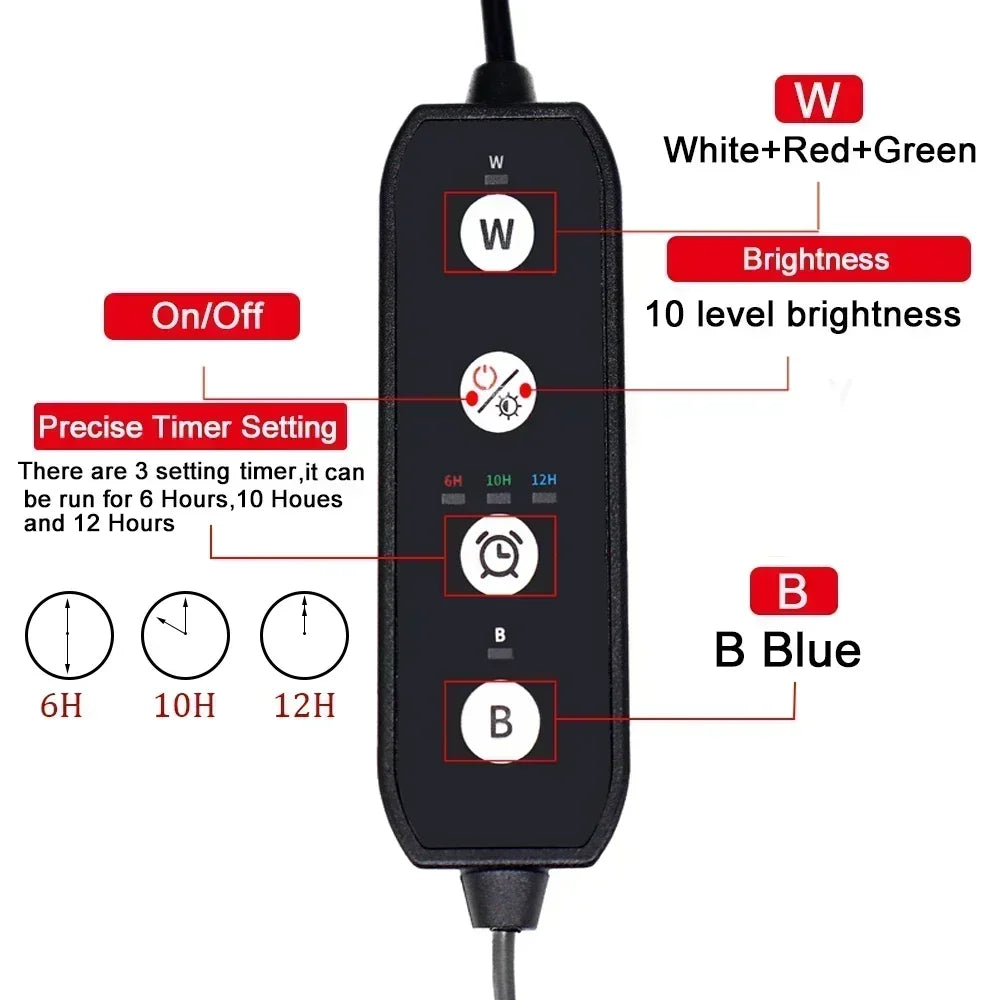 Iluminación LED para acuario sumergible negro con interruptor de encendido/apagado, control de brillo y temporizador.