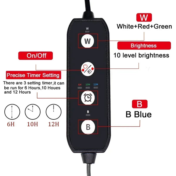 Black submersible aquarium LED lighting with On/Off switch, brightness control, and timer settings.