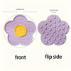 Front and flip side views of a purple silicone lick mat for dogs and cats