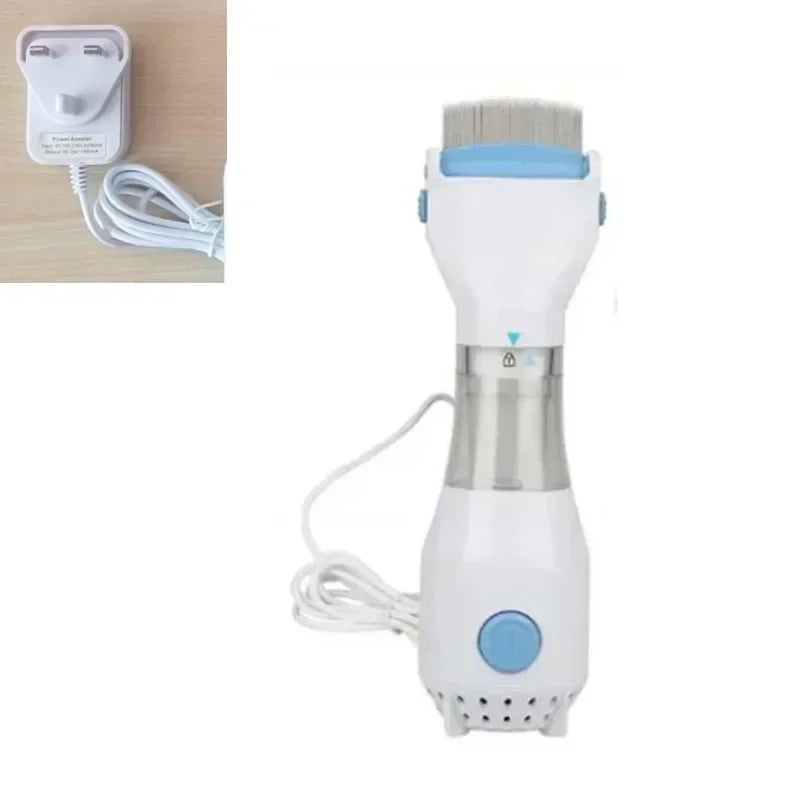 A white electric lice grabber comb with a light blue brush and silver body is shown.