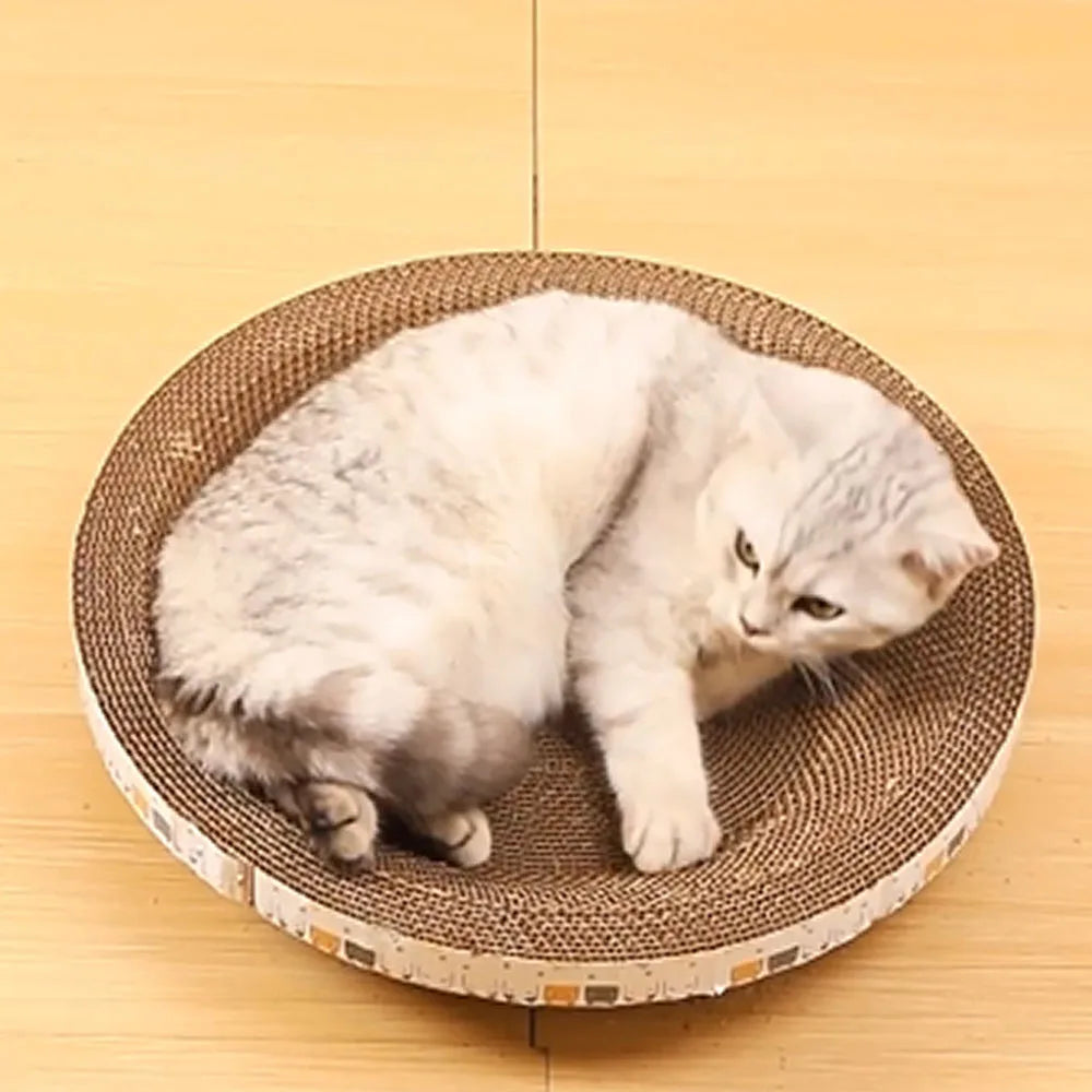 A fluffy white cat is relaxing on a round, bowl-shaped corrugated scratching pad.