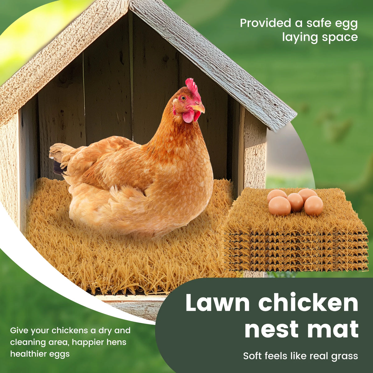 A brown hen sits inside a wooden nest with straw bedding, surrounded by chicken nest mats.