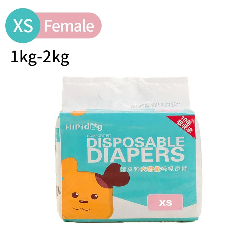 A package of disposable diapers for dogs labeled XS Female size, weighing 1kg-2kg.