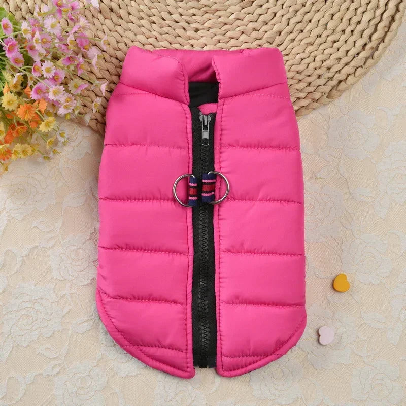 A bright pink quilted padded dog coat jacket with a black zipper and silver hardware lying on a light fabric surface.