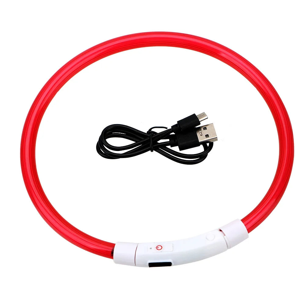 Red LED dog collar with a flexible strap and a USB charging connector.