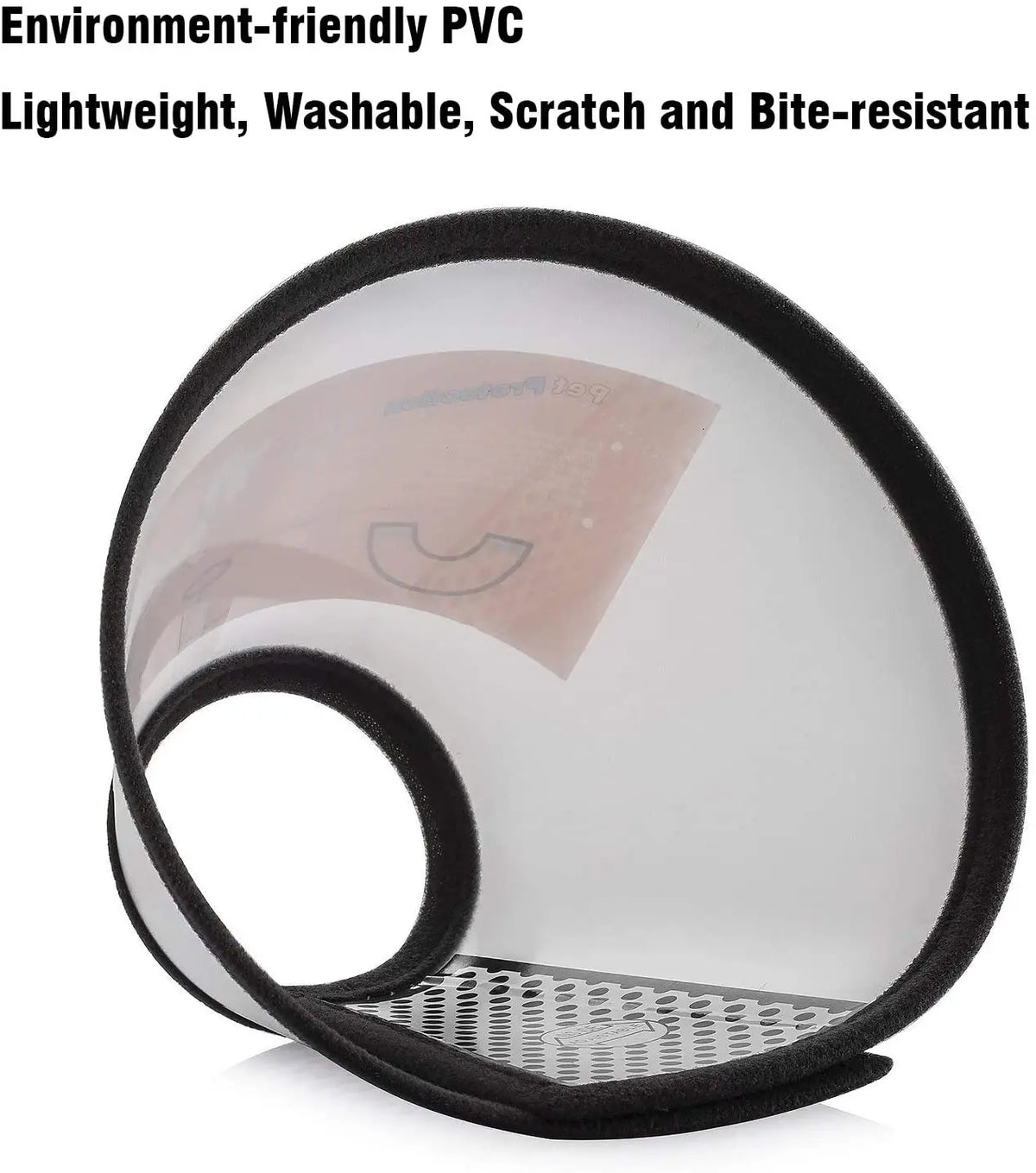 Clear PVC pet recovery collar with a black rim and a perforated base