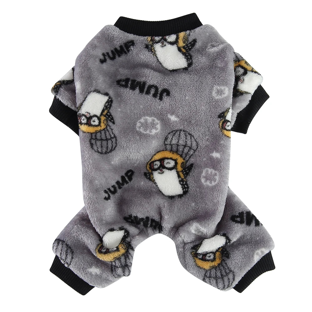 Gray fuzzy winter overalls for a small dog featuring jump themed patterns