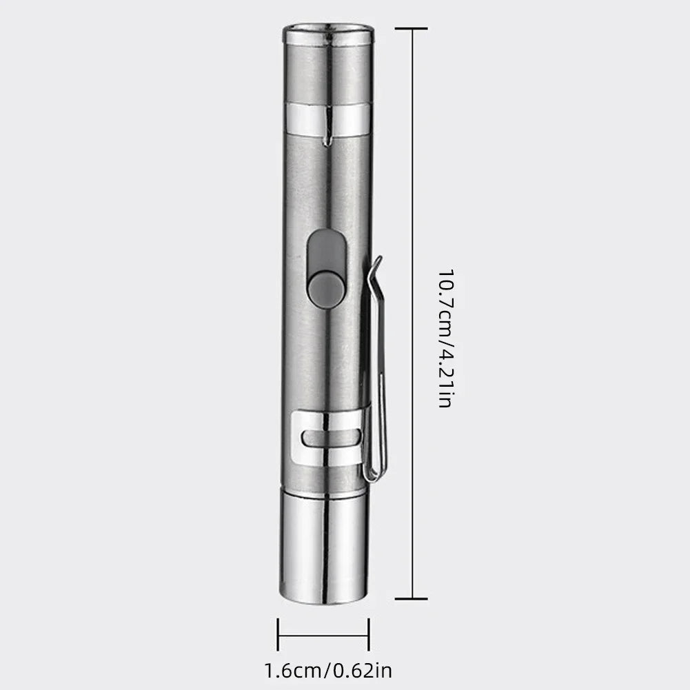 A silver pet laser pointer toy with a cylindrical body and a protruding tip, shown against a light gray background.