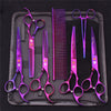 A set of professional stainless steel pet grooming scissors and brushes displayed in a black case.