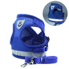 A royal blue mesh dog vest harness and leash set with a silver buckle.
