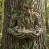 A resin tree hugger sculpture of a bearded man with mossy roots holding a bowl for birds.