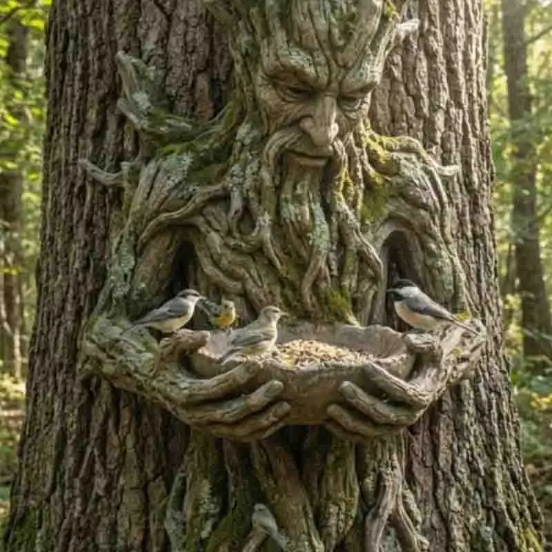 A resin tree hugger sculpture of a bearded man with mossy roots holding a bowl for birds.
