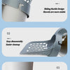 Diagram showing three features of a reusable pet litter scoop including sliding buckle design, easy disassembly, and a corres