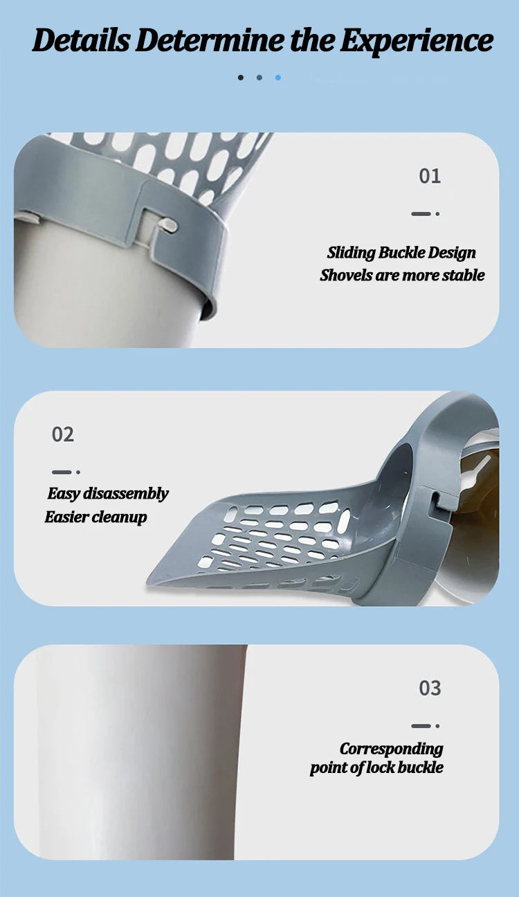 Diagram showing three features of a reusable pet litter scoop including sliding buckle design, easy disassembly, and a corres