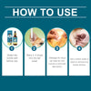 A four-step guide showing how to use natural pet ear cleaning drops for dogs, including shaking the bottle, placing drops in 