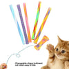 A kitten is shown interacting with a pack of colorful, changeable shape hollowed out mesh bouncy toys for cats.