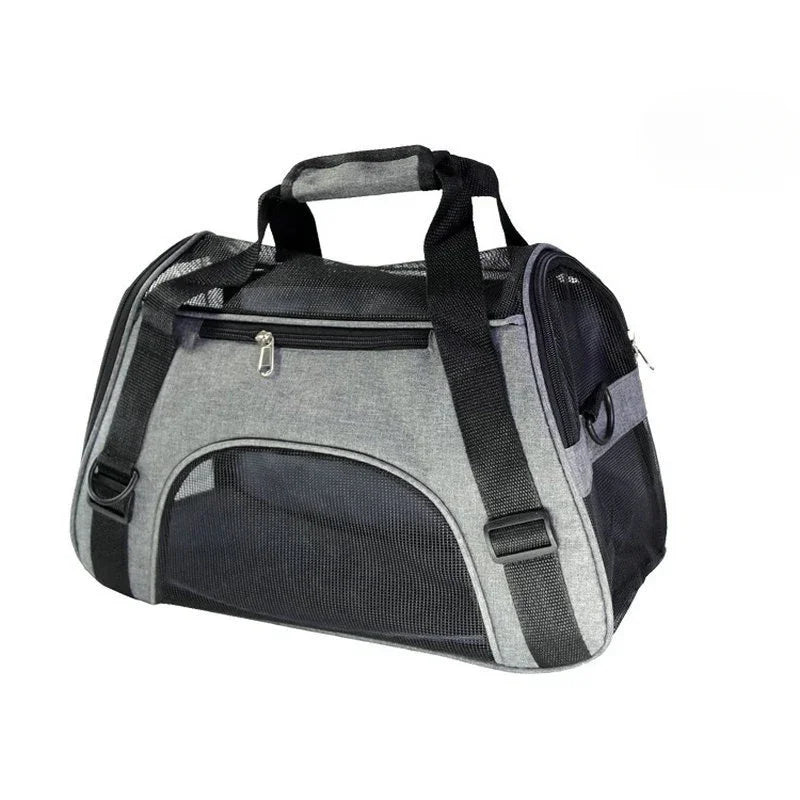 A gray and black portable foldable pet carrier for cats and dogs with a handle.