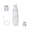 A white electric pet nail grinder with a clear cap and charging cable shown alongside its components.
