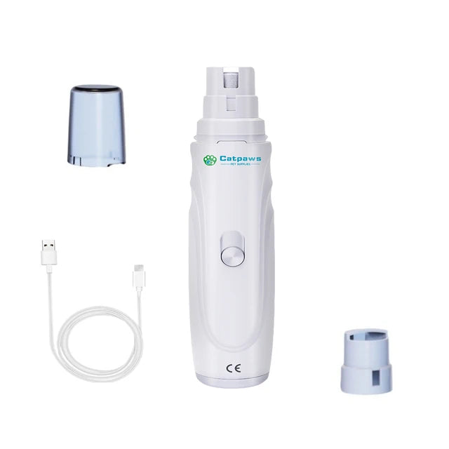 A white electric pet nail grinder with a clear cap and charging cable shown alongside its components.