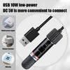 A black USB 10W low-power DC 5V adapter with a plug and cable shown for connecting devices.