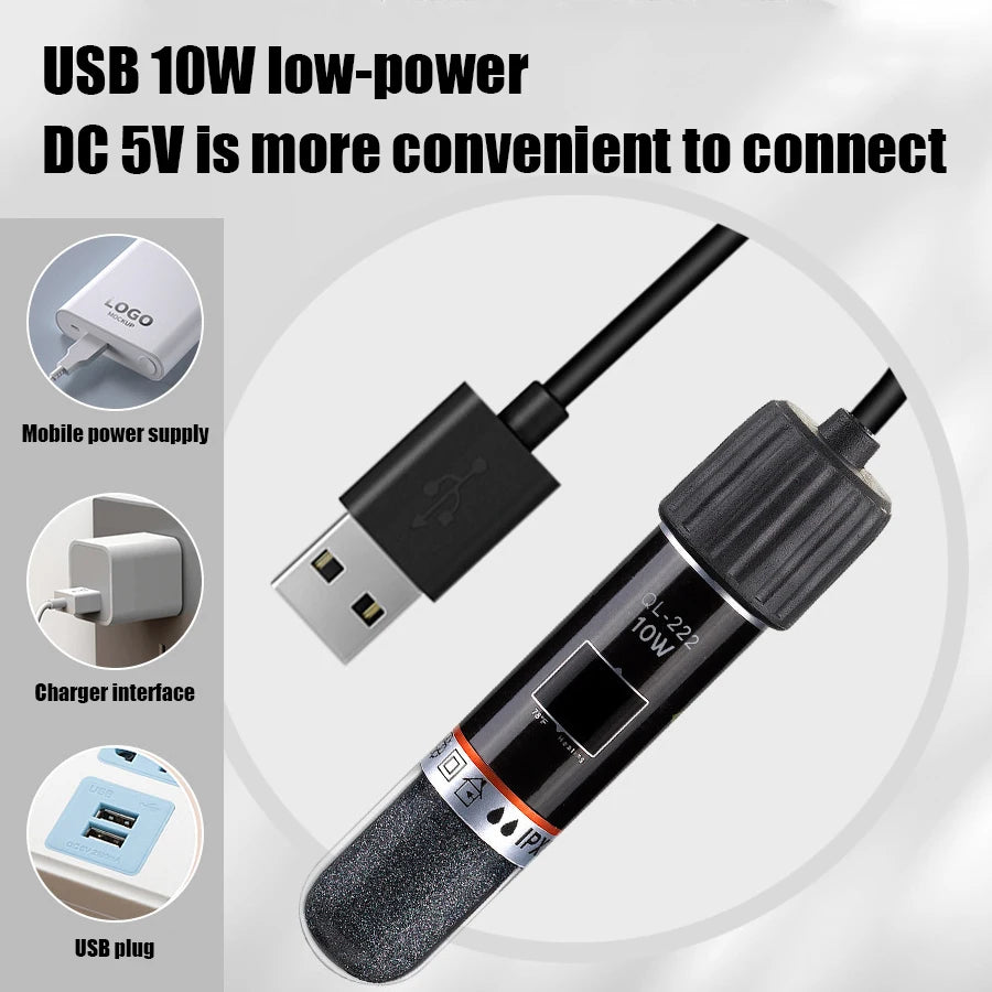 A black USB 10W low-power DC 5V adapter with a plug and cable shown for connecting devices.