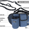A blue hands-free dog walking belt with multiple compartments, a reflective strip, and storage pockets.